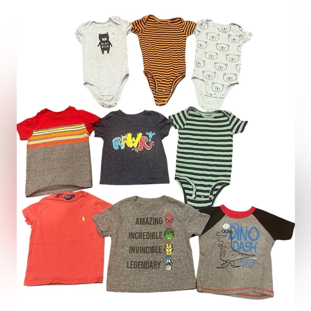 Toddler Boys Clothing Bundle 9 Pieces Shirts Onesies Graphic Striped Mixed 18M